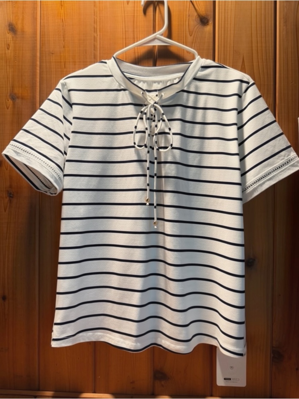 MOTF White Tee with Navy Stripes and Tie-Neck